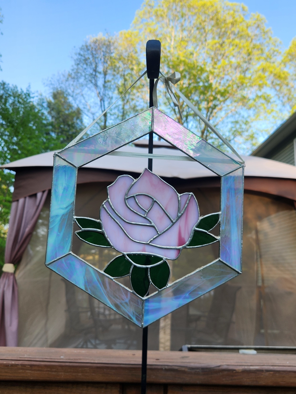 Handcrafted Pink Rose Stained Glass Suncatcher with a Hexagonal Frame